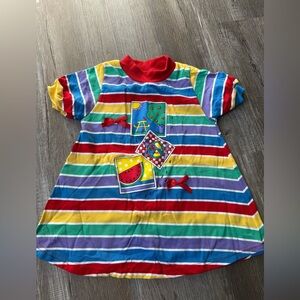 VTG BUSTER BROWN Multicolor Striped Dress Fruit Apple Tree Schoolhouse Size 6 6X